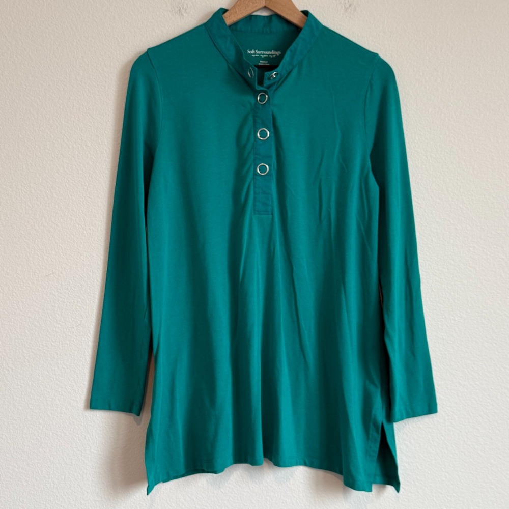 Soft Surroundings Tracee Teal Tunic Top Earthy Boho Utility Jersey Knit Pullover